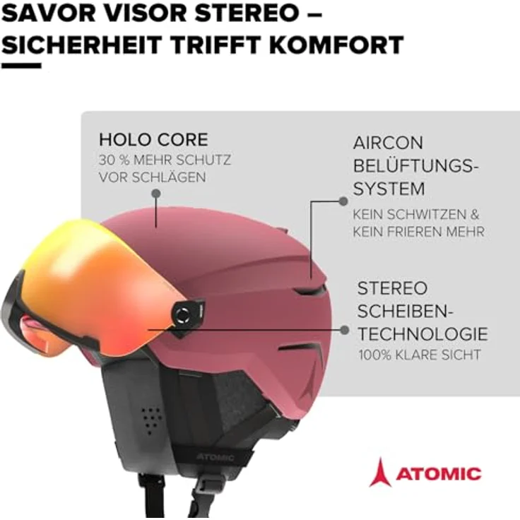 ATOMIC Savor Visor Stereo Helm, Unisex für Erwachsene, Maroon, 51-55, Anti-Fog Technologie, Holo Core-Konstruktion, aktive Belüftung – Bild 2