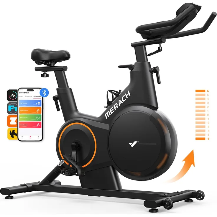 Merach Heimtrainer Fahrrad, magnetisches Fitnessbike mit APP, bis 158kg belastbar, ±6° Neigung, leise, komfortabel, für Zuhause
