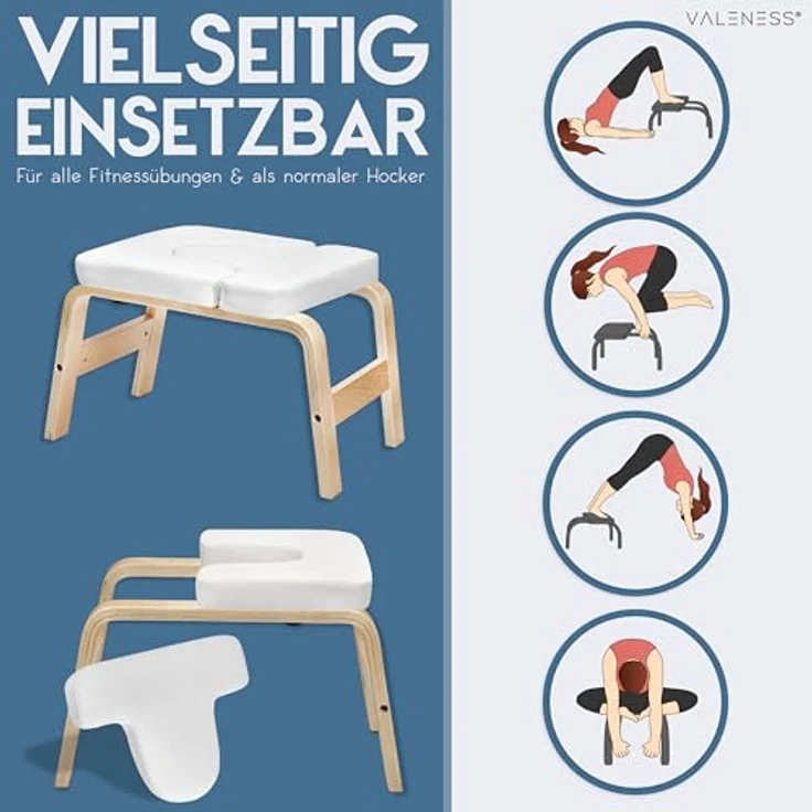 VALENESS Yoga Kopfstandhocker - Yoga Hocker inkl. Yogagurt, Yogablock & Übungsposter - Handstand Trainer aus Naturholz (weiß) – Bild 5