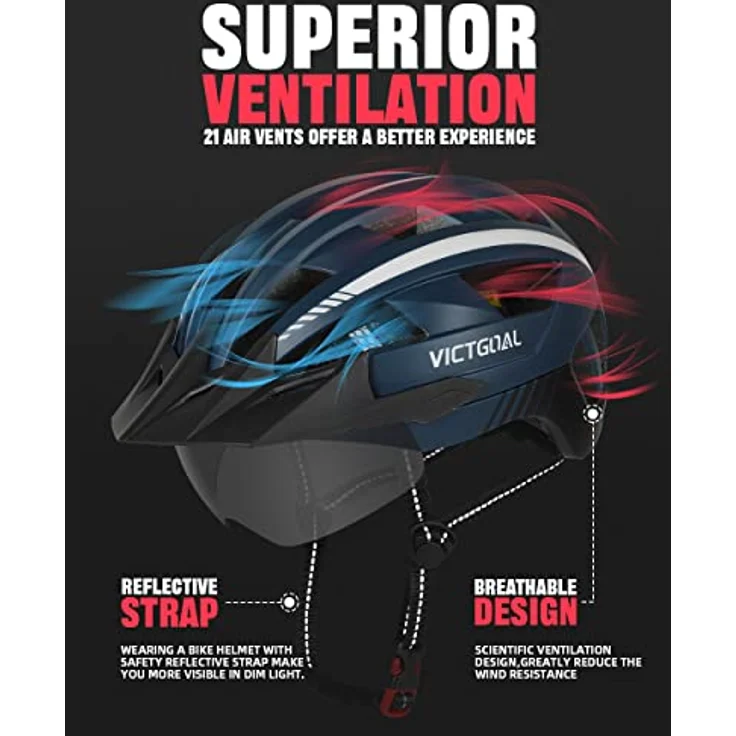 Victgoal VICTGOAL Fahrradhelm MTB mit Abnehmbarer Magnetischer Schutzbrille, Atmungsaktiv und 21 Belüftungskanälen, Einstellbare Größe M (54-58cm), Marine – Bild 3