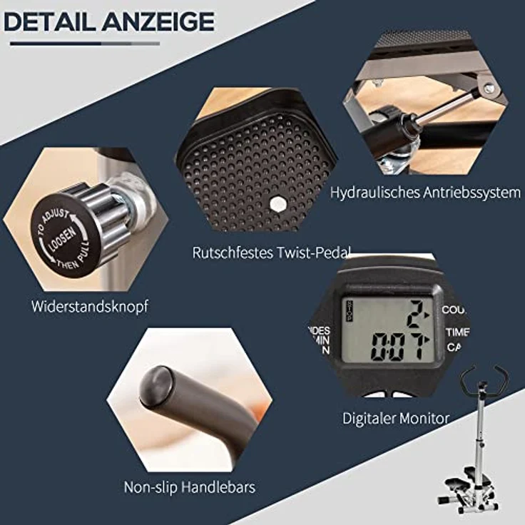HOMCOM Stepper mit Handgriff Fitness Heimtrainer für Zuhause klein Fitnessgerät für Bein- und Po-Training mit LCD-Bildschirm einstellbare Geschwindigkeit Metall ABS Schwarz+Silber 55 x 53 x 118-128 cm – Bild 4