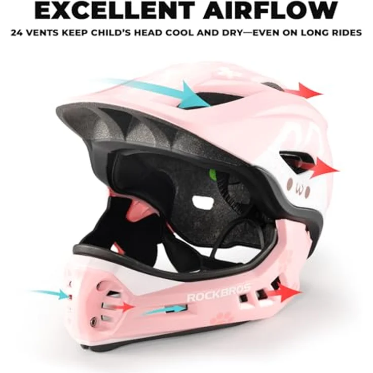 Rockbros TT-32002, Kinder Fullface Fahrradhelm Größe M, rosa, abnehmbarer Kinnschutz, belüftet, leicht – Bild 4