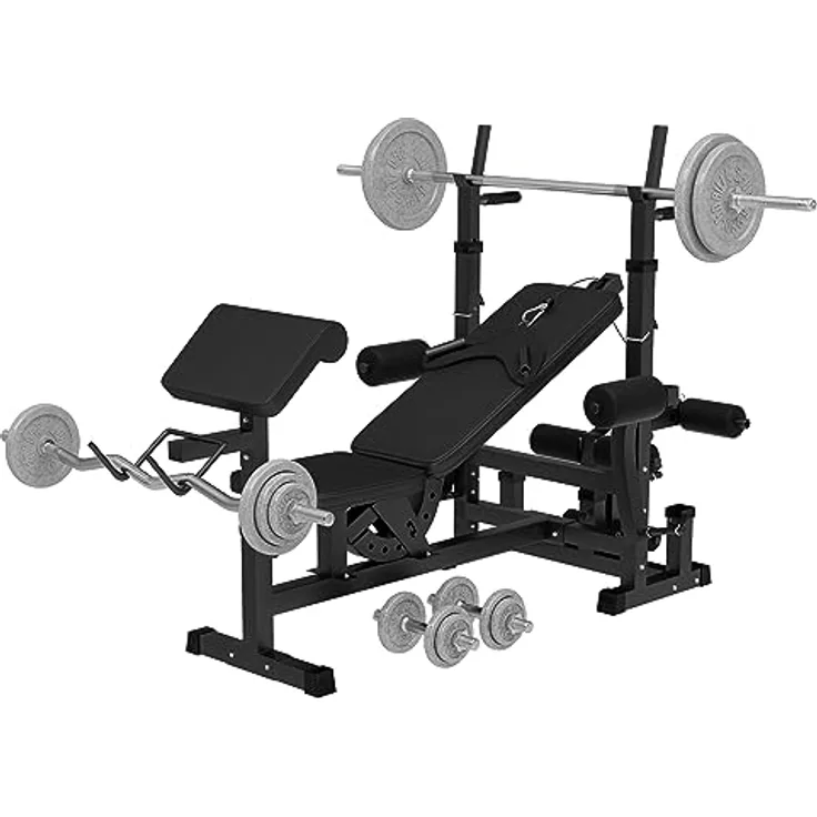 GORILLA SPORTS® Multifunktion Hantelbank - inkl. Hantelset mit 108 kg Gewichten, Verstellbar, mit Langhantel-Ablage, Curlpult, Butterfly, Dip-Station - Trainingsbank, Kraftstation, Schwarz