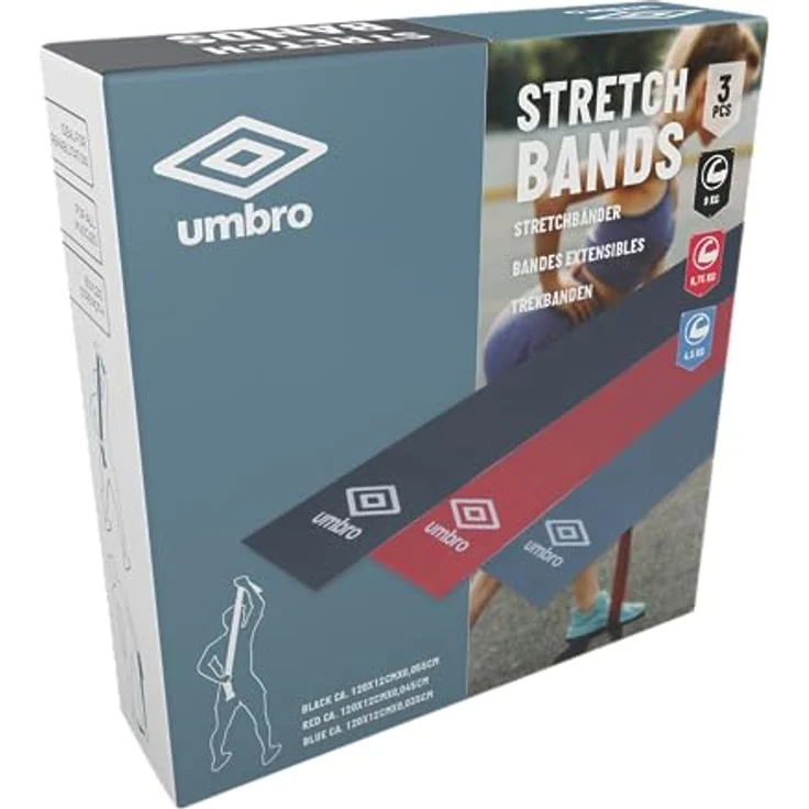 Umbro Stretchband-Set, 3 Widerstandsbänder in Schwarz, Rot und Blau für individuelles Fitness-Training – Bild 3