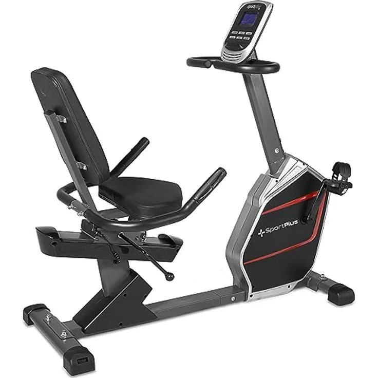 SportPlus | Sitz-Heimtrainer | Heimtrainer mit Magnetbremse 24 Widerstandsstufen, gelenk- und rückenschonend, extra weicher Sitz, bis 200 Watt, Fitnessgerät für Senioren, Schwarz/Rot