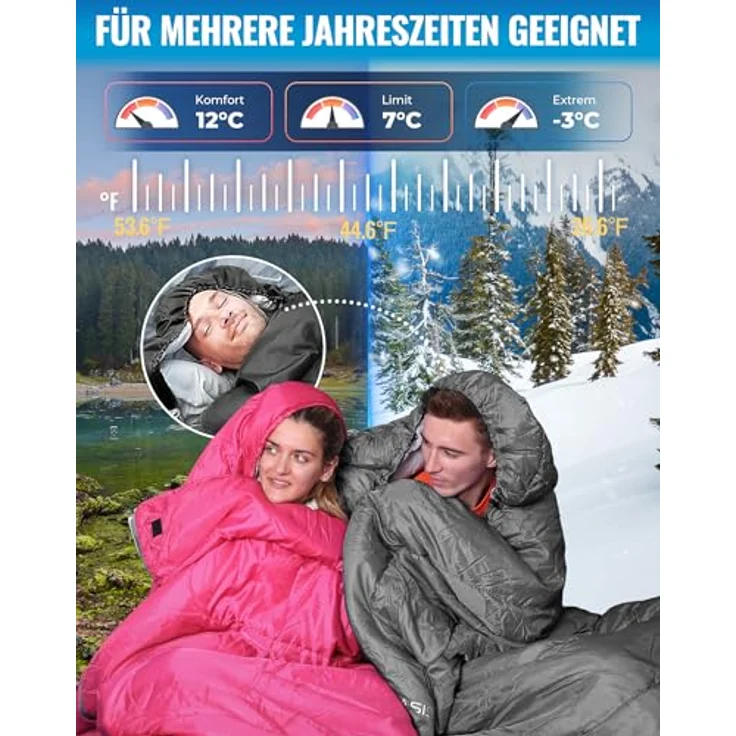 KingCamp Oasis Serie Deckenschlafsäcke mit Kopfteil, 220 × 75 cm, 3 Jahreszeiten, Komfortbereich 12°C bis -3°C, wasserabweisend, inkl. Packsack – Bild 3