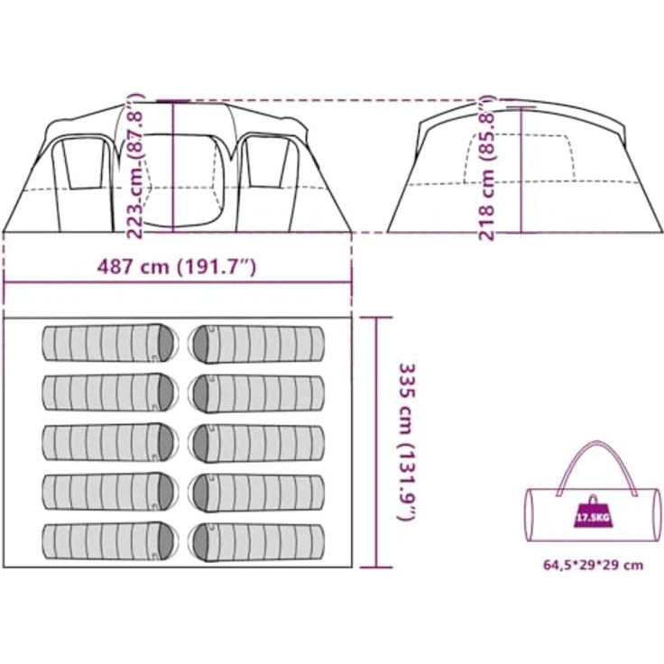 vidaXL Familienzelt, Campingzelt für 10 Personen, wasserdicht mit abnehmbarem Überzelt, grau, Outdoor Trekkingzelt mit Netzfenstern und E-Anschluss – Bild 3