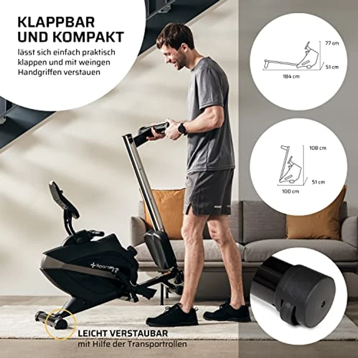 SportPlus Rudergerät für zuhause | Mit oder ohne Bluetooth, klappbar, leises Magnetbremssystem, 8 Widerstandsstufen, Schwungmasse 8kg, kugelgelagerter Rudersitz – Bild 3