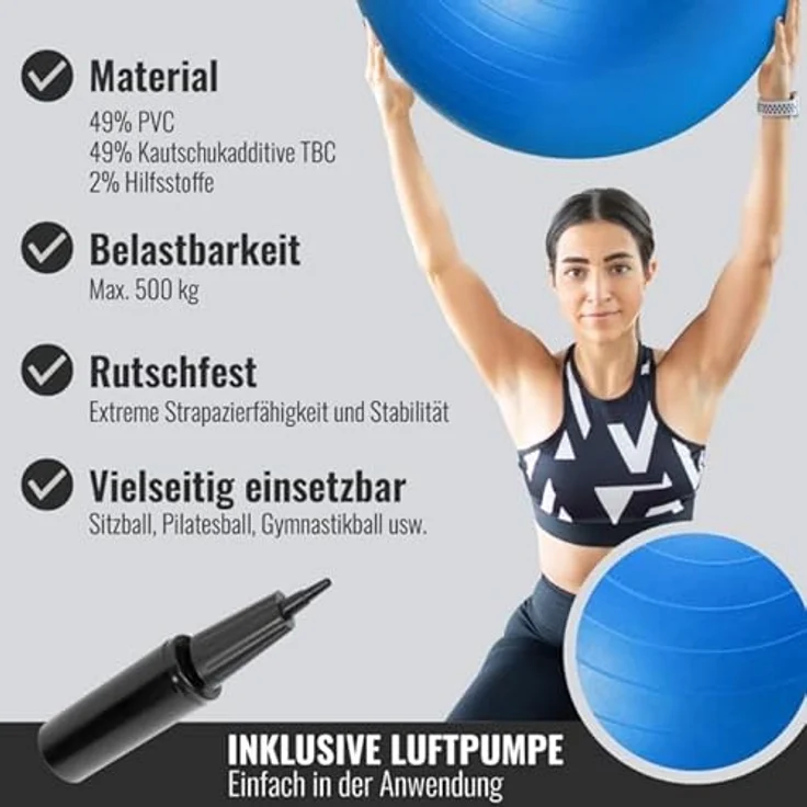 GORILLA SPORTS® Gymnastikball - inkl. Luftpumpe, 55cm, 65cm oder 75cm, bis 500kg Belastbar, Anti-Burst, rutschfest, Farbwahl - Sitzball Büro, Yoga Ball, Balance Ball, Fitnessball, Trainingsball – Bild 5