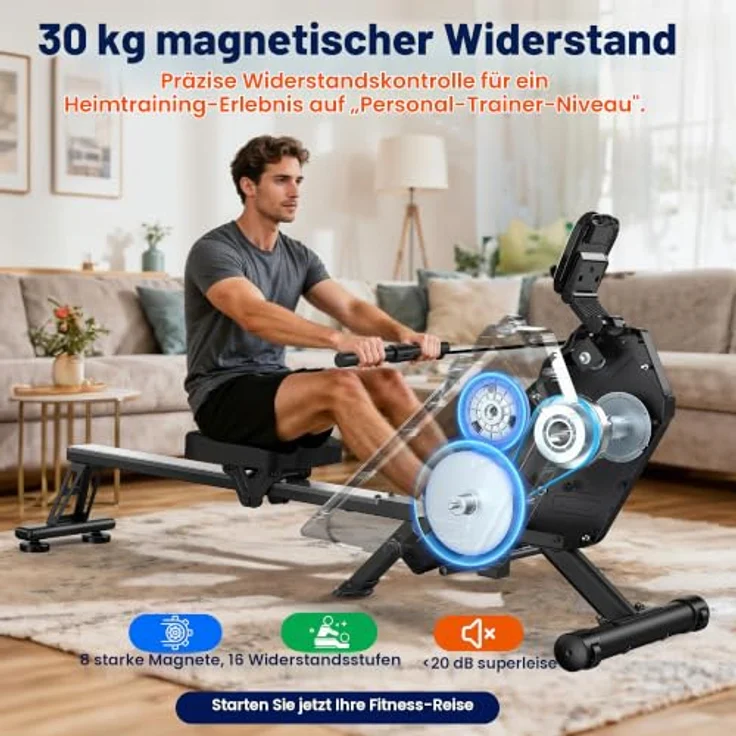 VOWVIT Rudermaschine magnetisch, 16 Widerstandsstufen, leise, App-kompatibel, bis 160 kg, Schwarz/Holzmaserung – Bild 2