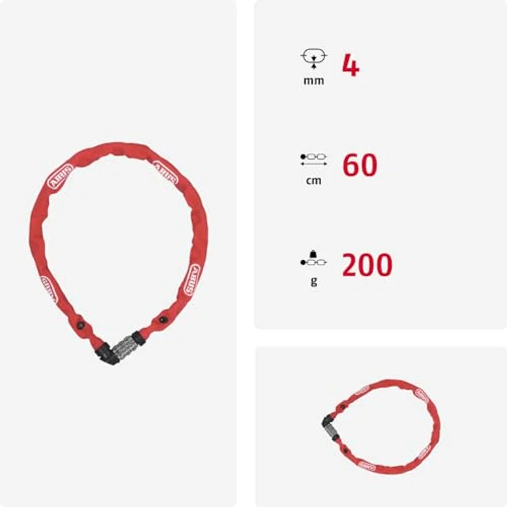 ABUS Kettenschloss 1200 Web, Zahlenschloss mit 3-stelliger Kombination, 60 cm, gehärteter Stahl, leichter Fahrradzubehör, Rot – Bild 3