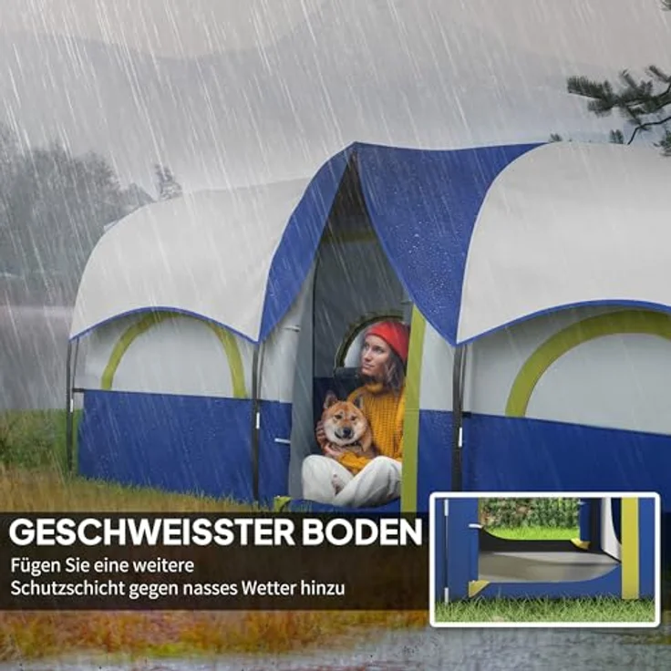 Outsunny Tunnelzelt für 6 Personen, 3-Raum Familienzelt mit UV-Schutz, 3000mm wasserabweisend, inkl. Tragetasche, Blau – Bild 5