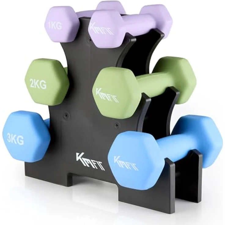 KM Fit Hantelset 12 kg mit Ständer, ergonomische Neopren-Kurzhanteln 1-3 kg aus Gusseisen, rollsicheres Design für Home Gym – Bild 1