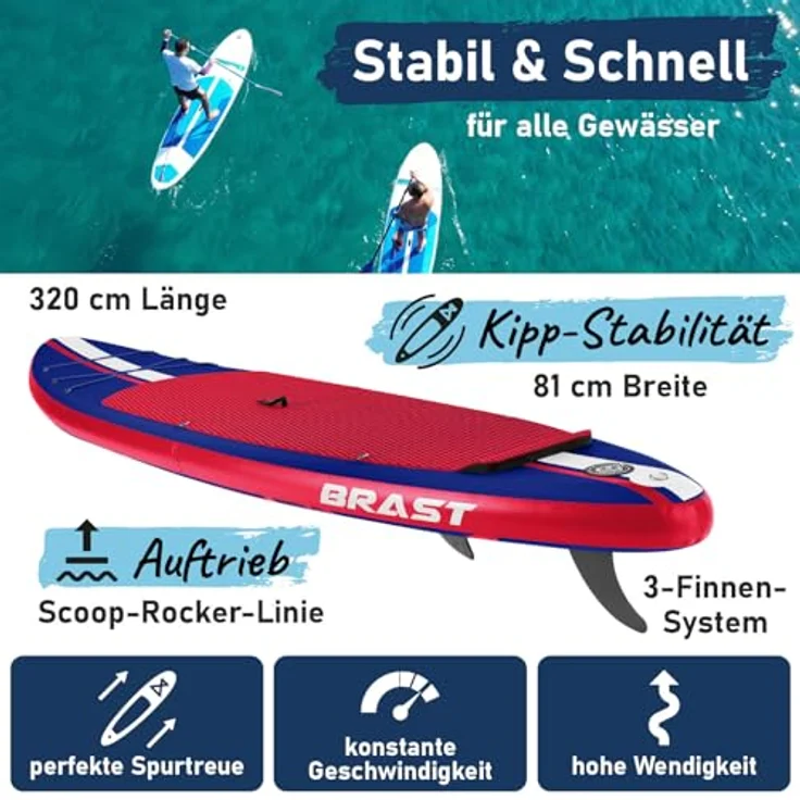 BRAST SUP Board Shark, Aufblasbares Stand up Paddle Set 320x81x15cm, 2in1 Paddel mit Kajak-Sitz, 5 Jahre Garantie, inkl. Zubehör und Action-Cam-Halterung, 8 Designs – Bild 2