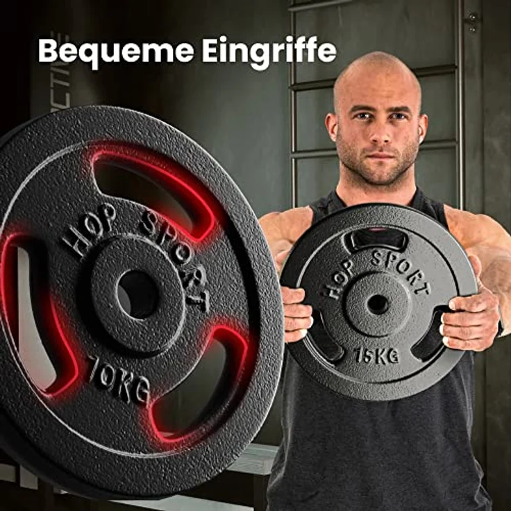 Hop-Sport Guss Hantelset mit Langhantelstange und Gewichten, 1x Langhantel, Set 39kg oder 59kg zur Auswahl (59kg) – Bild 4