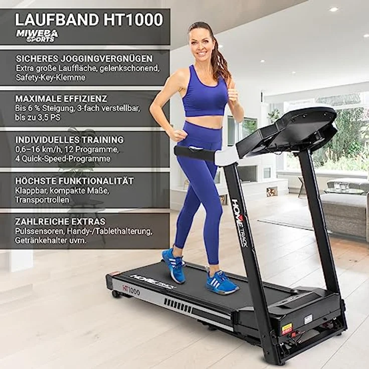 Miweba Sports elektrisches Laufband HT1000 | 3,5 PS - 16 Km/h - Incline 6% - Traglast 120 Kg - Klappbar - 12+4 Laufprogramme - Smartphone Tablet Halterung - Große Lauffläche (Schwarz) – Bild 2