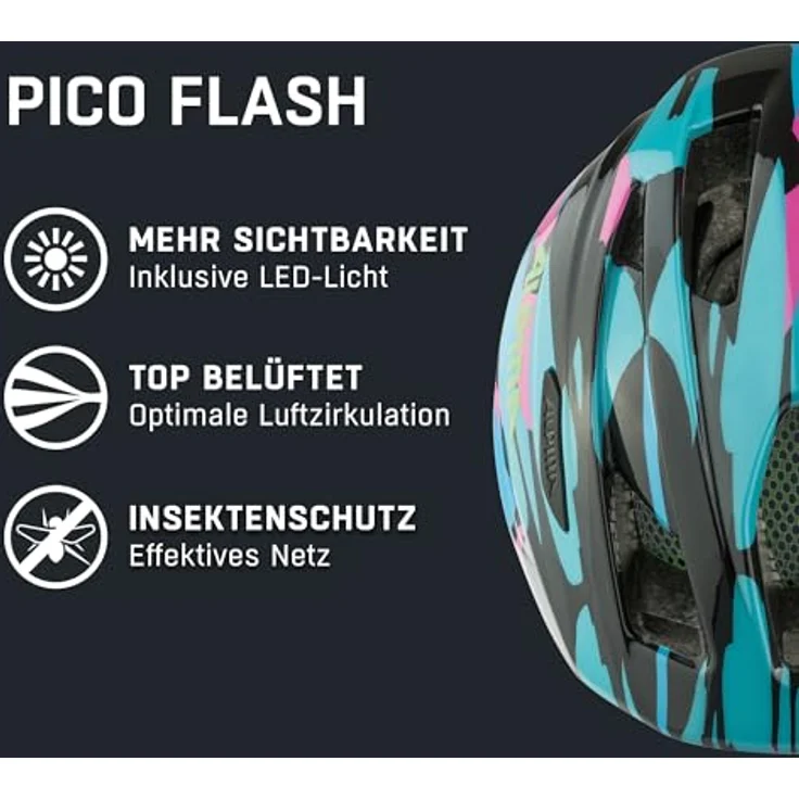 Alpina Pico Flash, Fahrradhelm für Kinder und Jugendliche mit bruchfester Inmold-Bauweise, Fliegennetz und integrierter Beleuchtung – Bild 2
