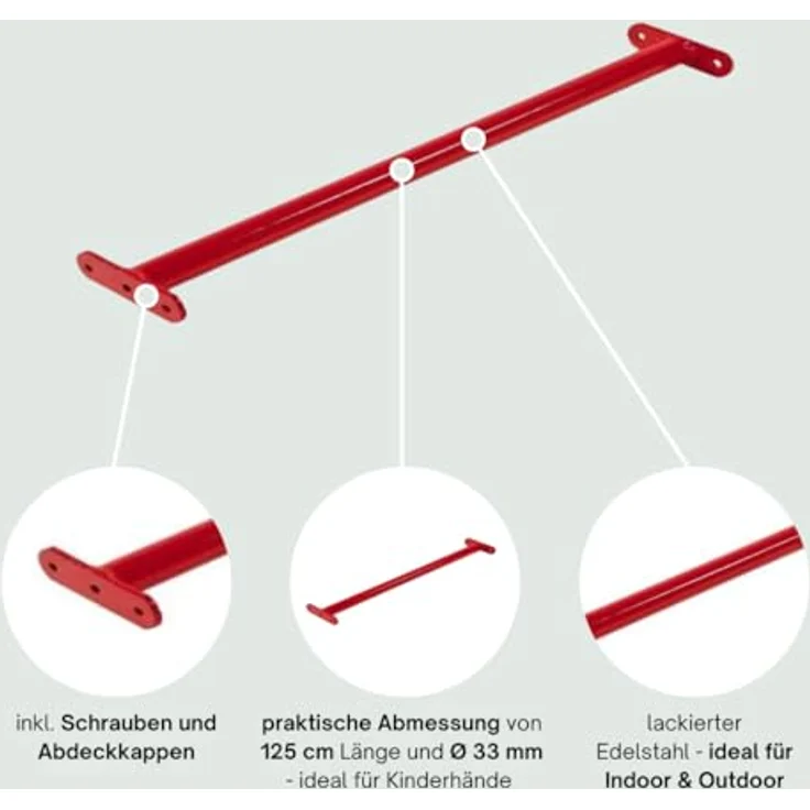 h2i Turnstange für Kinder | Reckstange aus Edelstahl | für Garten & Kinderzimmer | Klimmzugstange Outdoor & Indoor | Stange zum Turnen in Rot | Länge 125 cm – Bild 2