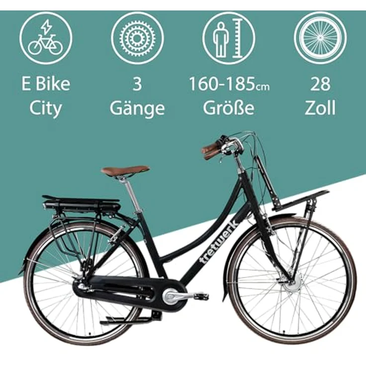 Tretwerk Sophia E-Bike, 28 Zoll Pedelec mit 3 Gang Shimano, 522 Wh Akku, Bluetooth und App, schwarz/weiß – Bild 2