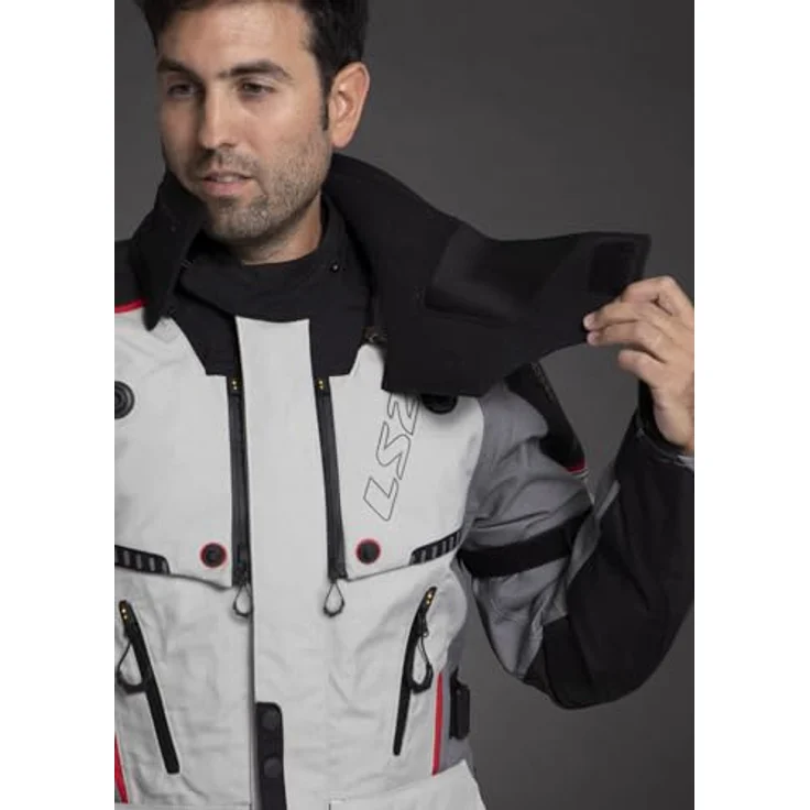 LS2 Apollo, wasserdichte Motorrad Textiljacke aus 3-lagigem Laminatgewebe, hellgrau/schwarz/rot, XL, mit abnehmbaren Protektoren, max. Wasserdichtigkeit 21000 mm H2O – Bild 8