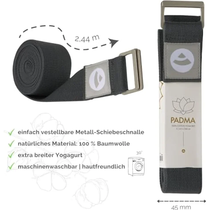 Bodhi Padma Yogagurt, extra breites Yoga Belt aus 100% Baumwolle mit waschbarem Strap und Schiebeschnalle aus Edelstahl, anthrazit – Bild 2