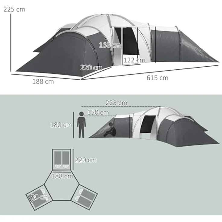 Outsunny Tunnelzelt, Campingzelt für 6-9 Personen, Familienzelt mit 3 Schlafzimmern, Wohnzimmer, Veranda, 2000mm Wasserabweisend Oxford, Grau – Bild 5