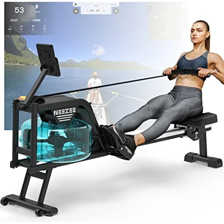 Neezee Rudergerät für zuhause, Rudergerät Wasser mit Edelstahlschiene, Rudergerät mit Tabletständer, Wasserwiderstand und LCD Display Rudermaschine – Bild 1