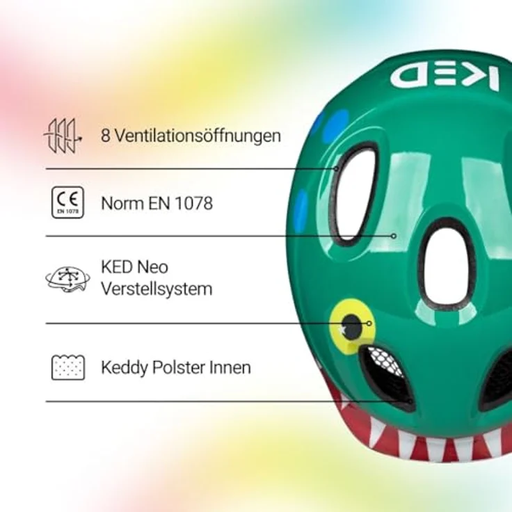 KED Meggy Spark Kinderfahrradhelm, Inmold, 360° Verstellsystem, Reflektoren, Insektenschutznetz, Monster Mood Green, Größe 45-50 (S) – Bild 3