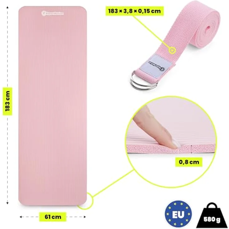 HyperMotion Yogamatte HYP55 YOGA MAT 0.8P, NBR-Schaum, 183x61 cm, 8 mm Komfortstärke, pink mit Tragegurt – Bild 12