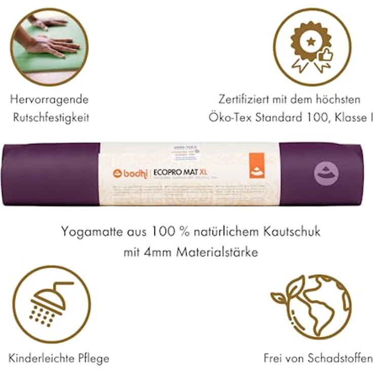 Bodhi Yogamatte ECO PRO XL | 100% Naturkautschuk | Extra Lang | Extrem Rutschfest | Ökologisch | Profi-Matte für Yoga & Pilates | Ideal für dynamisches Yoga | 200 x 60 x 0,4 cm | violett – Bild 3