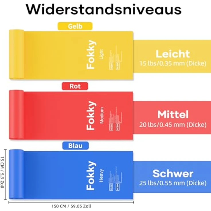 Fokky Fitnessbänder 3er-Set, 1.5M Widerstandsbänder in Gelb (15lbs), Rot (20lbs) und Blau (25lbs), Gymnastikbänder für Crossfit, Muskelaufbau, Yoga und Pilates – Bild 2