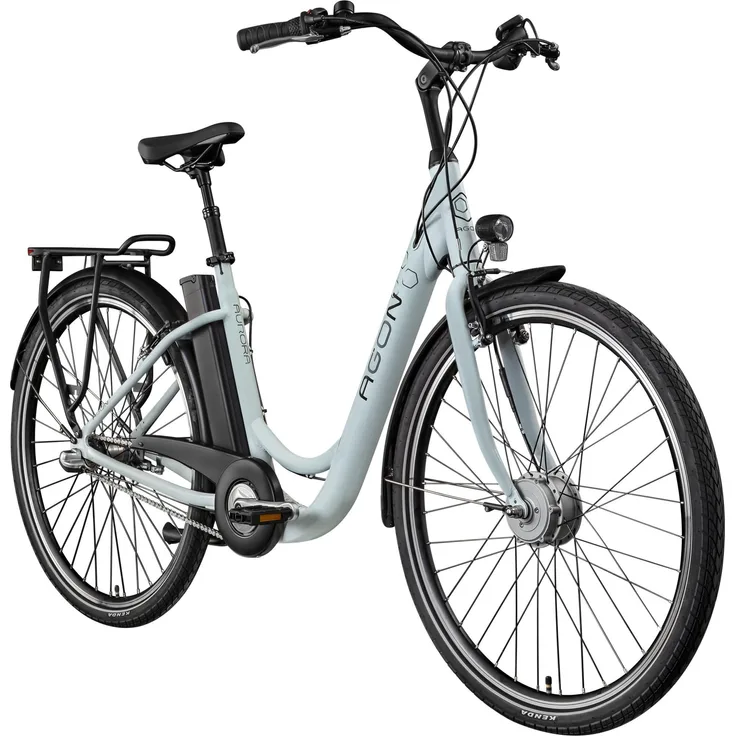 Agon Aurora E-Bike, 28 Zoll Citybike mit 250 Watt Vorderradmotor, rock cristal silver