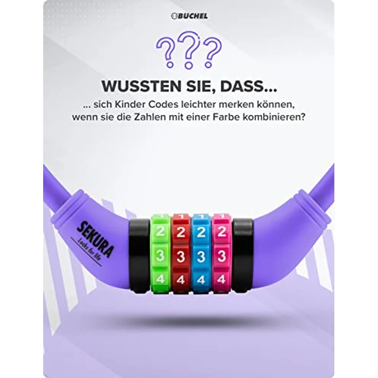 Büchel Sekura Fahrradschloss Kinder, schlüsselloses Zahlenschloss mit Halterung, 120cm, violett, über 10.000 Kombinationen – Bild 3