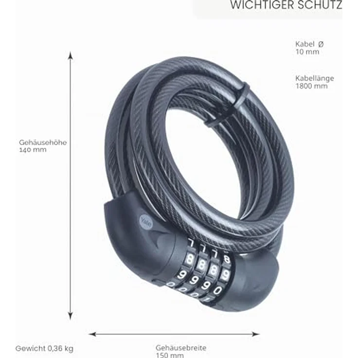 Yale Essential Security Combination Cable Lock, Kabelschloss mit 5-stelligem Zahlencode, schwarz, korrosionsbeständig und langlebig – Bild 5