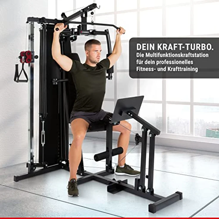 HAMMER Kraftstation Ferrum TX3, Trainingsstation mit Seilzugsystem, Beinpresse & Power-LAT.-Bar, Multistation für Beintraining, Bauch, Rücken & Co, 50 Übungsmöglichkeiten, 210 x 120 x 198 cm – Bild 5