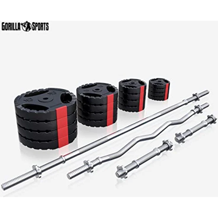 GORILLA SPORTS® Hantelset - 100kg, Langhantelstange 170cm, SZ Curlstange 120cm, 2x Kurzhanteln, Gewichte 4x1,25kg / 4x2,5kg / 4x5kg / 4x10kg, mit 8 Sternverschlüsse, Ø 30 mm, Kunststoff - Hantel Set – Bild 2