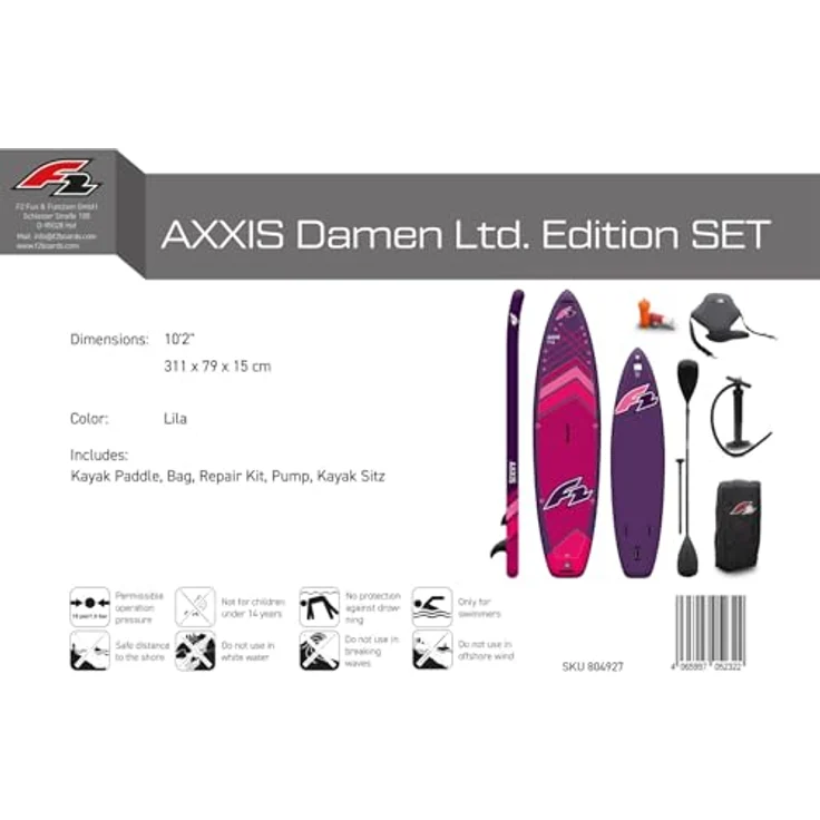 F2 AXXIS Damen Ltd. Edition SUP Board 10,2", Aufblasbar, Lila, mit Kajaksitz und Paddel – Bild 6