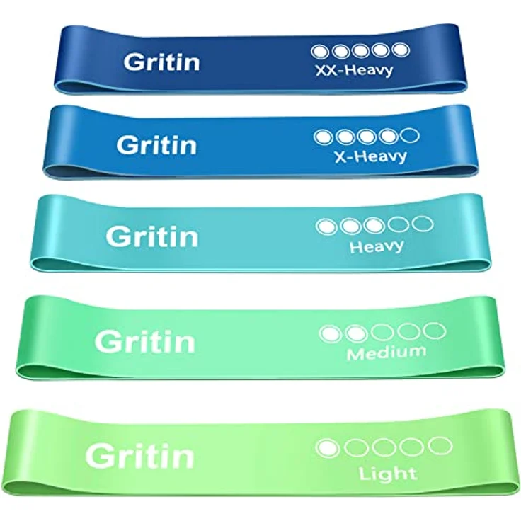 Gritin Fitnessbänder 5er Set, Widerstandsbänder mit 5 Stufen, 100% Latex, inklusive deutscher Übungsanleitung & Tragebeutel, ideal für Muskelaufbau, Yoga und Pilates – Bild 1