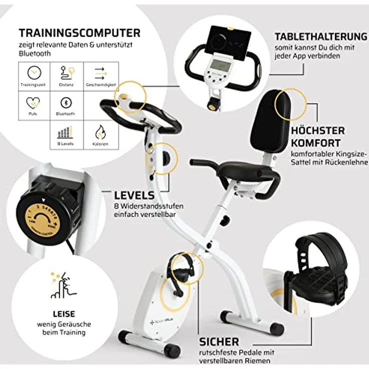 SportPlus X-Bike Heimtrainer klappbar für zuhause mit Rückenlehne, 8 Stufen, Display mit Smartphone- & Tablethalterung, mit App-Kompatibilität bis 100 kg belastbar – Bild 4