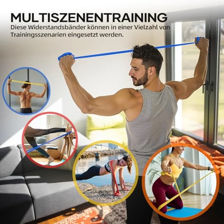 Fokky Fitnessbänder 3er-Set, 1.5M Widerstandsbänder in Gelb (15lbs), Rot (20lbs) und Blau (25lbs), Gymnastikbänder für Crossfit, Muskelaufbau, Yoga und Pilates – Bild 5