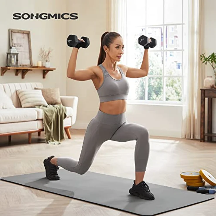 SONGMICS Hanteln, Hantelset 2 x 5 kg, Kurzhanteln mit Hantelständer 2 x 1 kg, 2 x 2 kg, 2 x 3 kg, Schwarz, Limettengrün, Aquamarin und Hellgrau, ideal für Krafttraining zu Hause, im Büro und Fitnessstudio – Bild 3