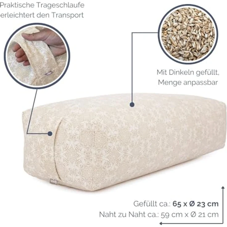 Bodhi Yoga Bolster SALAMBA Madurai | Maharaja Collection | Rechteckig | Waschbarer Bezug aus Baumwolle | Yogarolle mit Dinkelfüllung | Yoga Zubehör für Restorative Yoga und Yin Yoga | Ecru – Bild 3