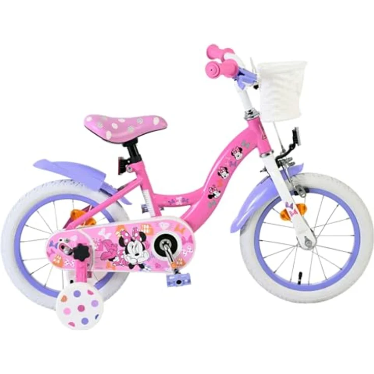 Volare Disney Minnie Kinderfahrrad, 14 Zoll, rosa, mit Korb, Hand- und Rücktrittbremse, abnehmbare Stützräder – Bild 1
