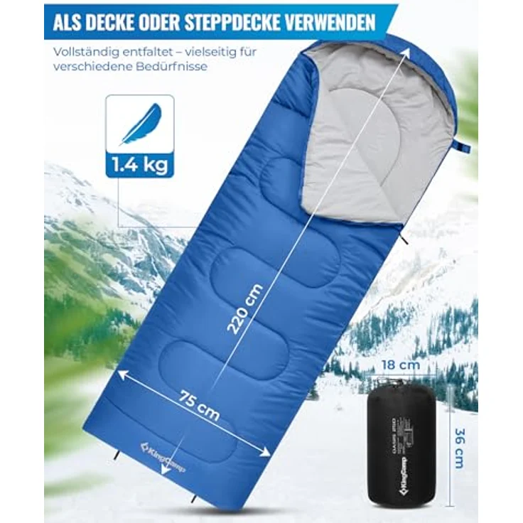 KingCamp Oasis Deckenschlafsack mit Kopfteil, Leichtgewicht für Erwachsene, 3 Jahreszeiten, blau, 220 × 75 cm, wasserabweisend, Komfortbereich 12°C - Extrem -3°C – Bild 2