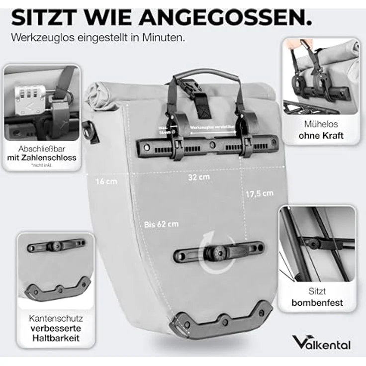 Valkental® Gepäckträgertasche ValkBasic, wasserdicht, 23-28L, abschließbar, bombenfester Sitz, große Reflektoren, langlebig – Bild 2