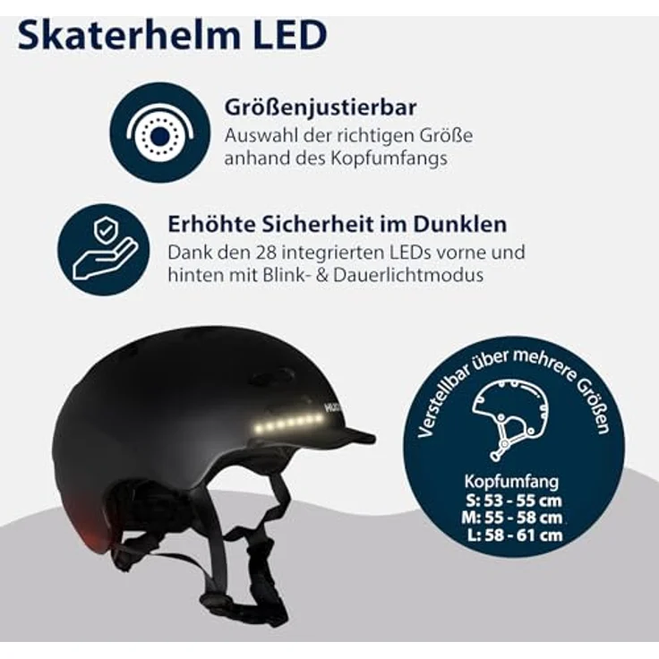 Hudora Velohelm LED, 53-55 cm, mit 28 LED, automatischer Blinkfunktion, Inmould-Bauweise, verstellbarem Kinnriemen und 14 Air-Vents – Bild 2