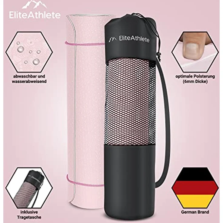 EliteAthlete Yogamatte - Sportmatte - Fitnessmatte - Gymnastikmatte gepolstert & rutschfest für Fitness, Pilates - Yoga Matte - 183 cm x 61 cm x 0.6 cm - Trainingsmatte inkl. Transportgurt + Tasche – Bild 2