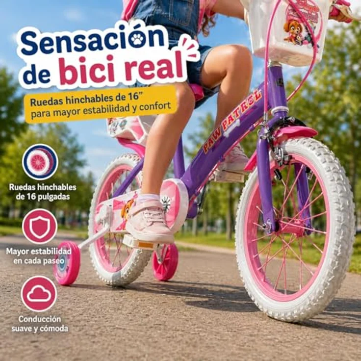 Toimsa Paw Patrol Kindervelo, 16 Zoll Kinderfahrrad in lila mit Korb, Stützrädern und robustem Kettenschutz – Bild 6