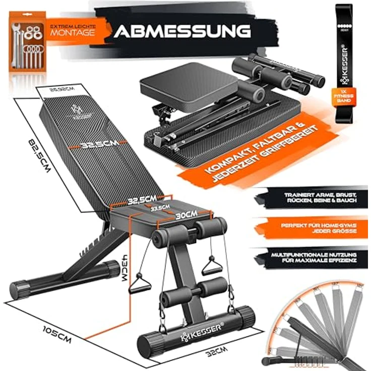 KESSER Klappbare Hantelbank Multifunktionale Trainingsbank mit Rückenlehne, 500kg Belastbarkeit, Carbon-Optik, verstellbar, inkl. Fitnessband für Ganzkörpertraining – Bild 3