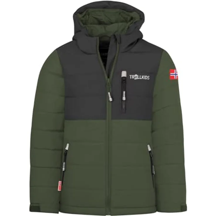 TROLLKIDS Hemsedal Kinder Skijacke XT, zweifarbige wetterfeste Skijacke mit Kapuze, grün 128 – Bild 1